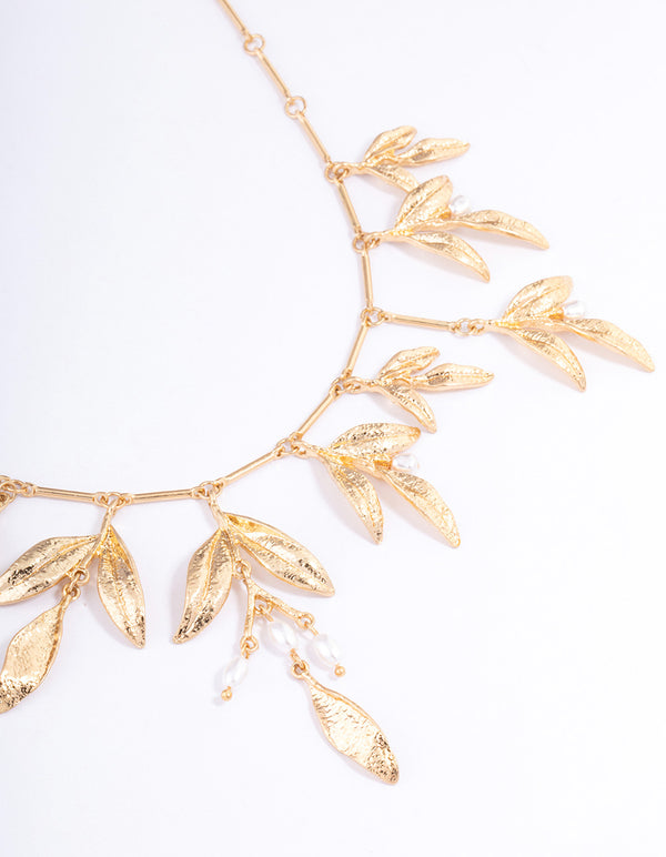 Gold Dainty Leaf & Pearl Necklace