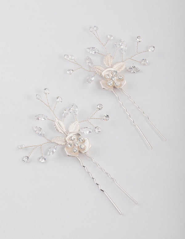 Silver Cubic Zirconia Floral Hair Pins Pack