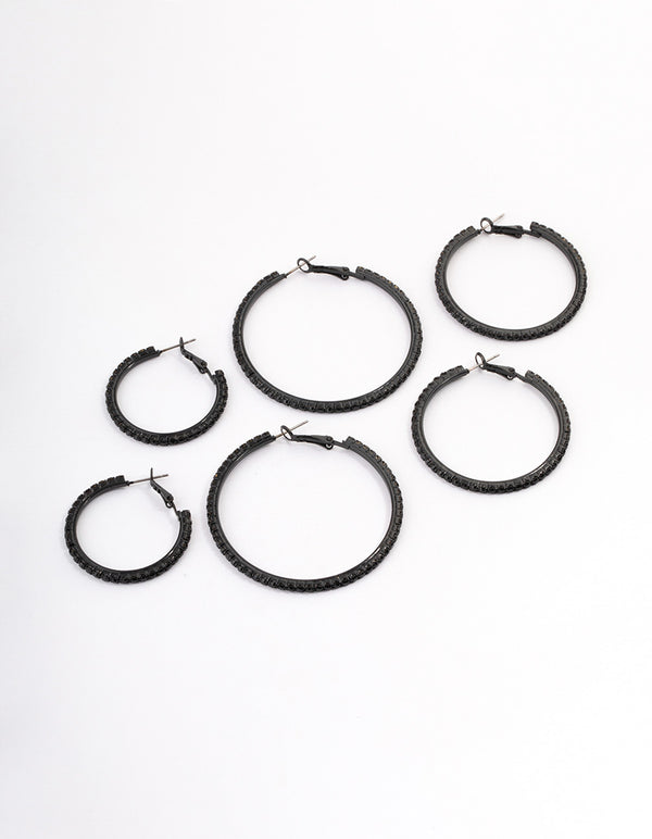 Coated Black Mixed Diamante Hoop Earrings