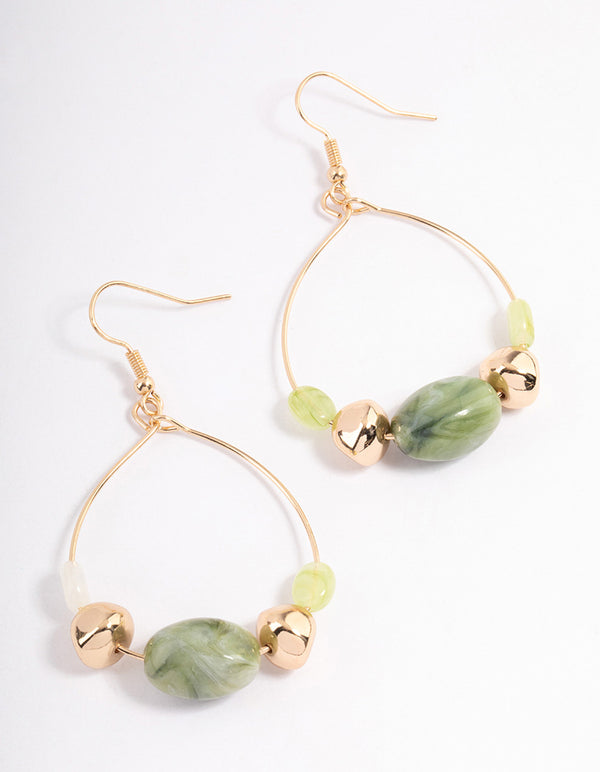 Green Wide Mixed Bead Wire Drop Earrings