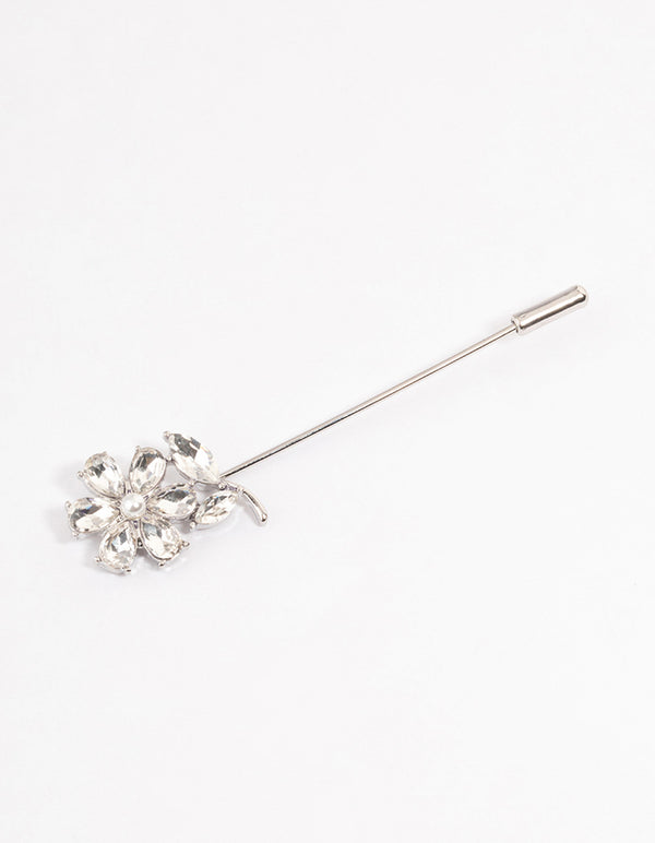 Silver Diamante Flower Pearl Scarf Pin