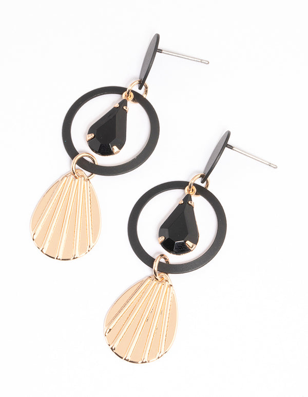 Black Teardrop Circle & Fan Drop Earrings