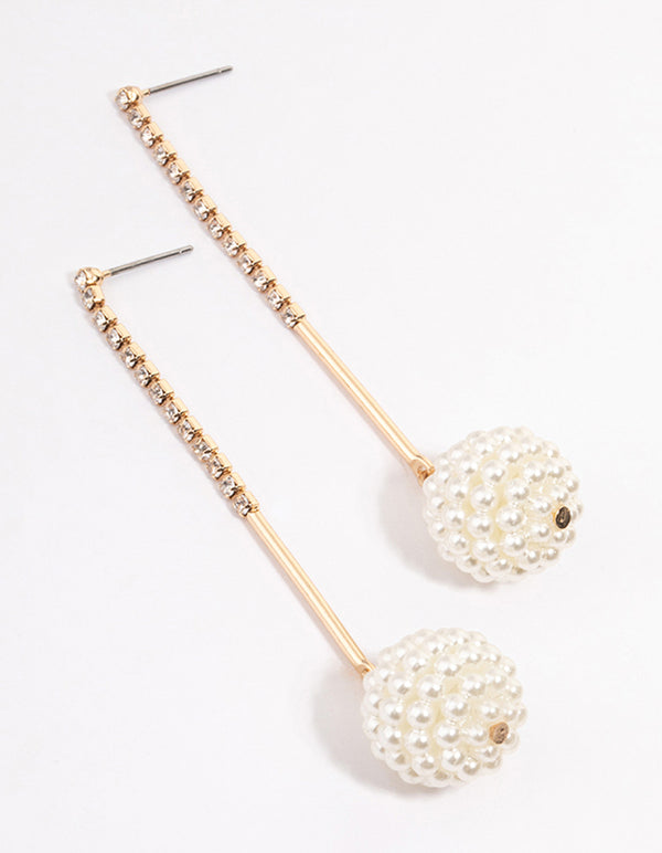 Gold Cupchain Pearl Fireball Drop Earrings