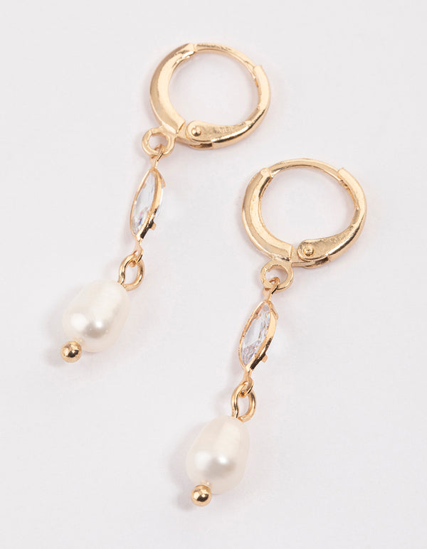 Gold Freshwater Pearl Marquise Huggie Earrings