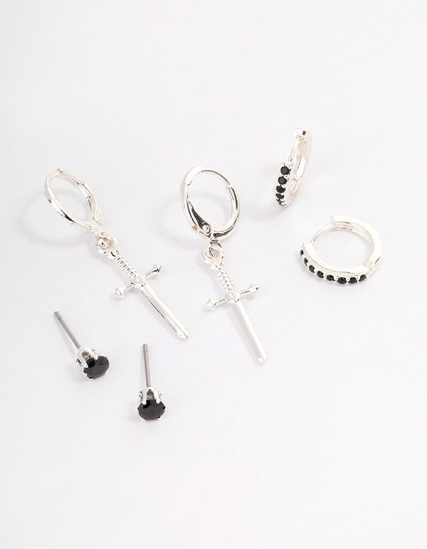 Silver Plated Brass  Cubic Zirconia Dagger Huggie Earrings Pack