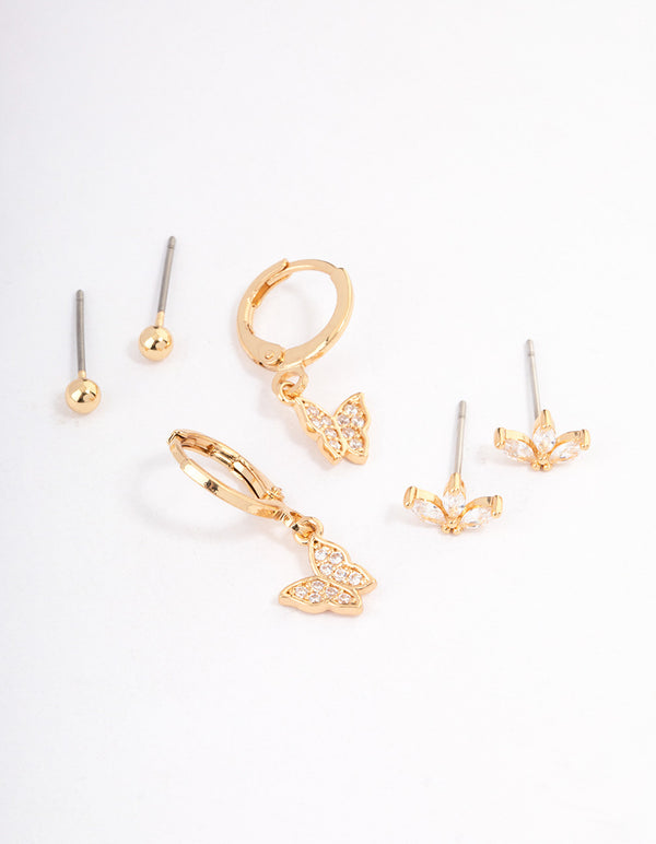 Gold Plated Cubic Zirconia Butterfly Huggie Earrings Pack