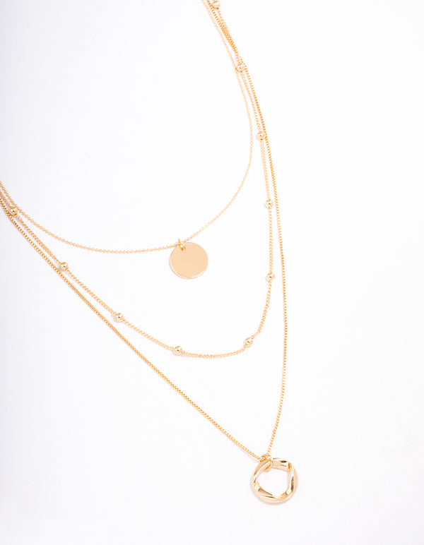 Gold Organic Circle Disc Triple Row Necklace