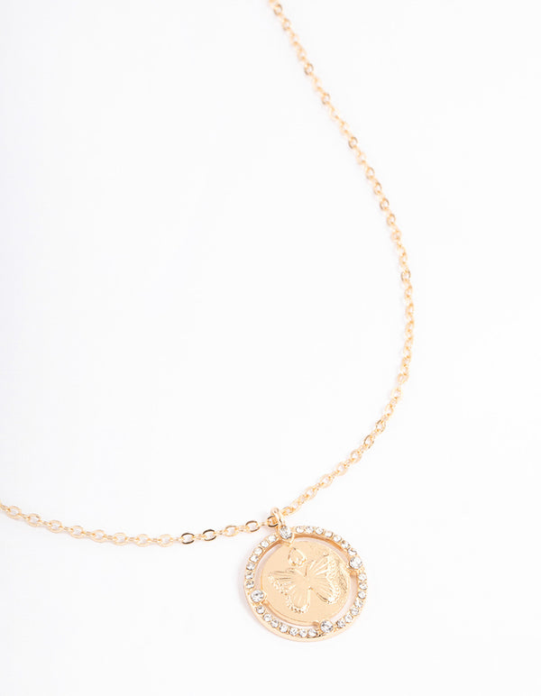 Gold Diamante Butterfly Disc Necklace