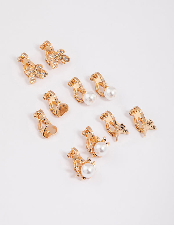 Gold Pretty Motif Clip On Earrings 5-Pack