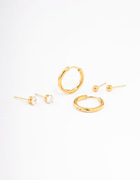 Waterproof Gold Plated Stainless Steel Basic Cubic Zirconia Earrings Pack - link has visual effect only