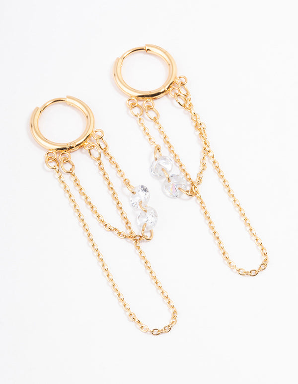 Waterproof Gold Plated Stainless Steel Double Chain Cubic Zirconia Huggie Earrings