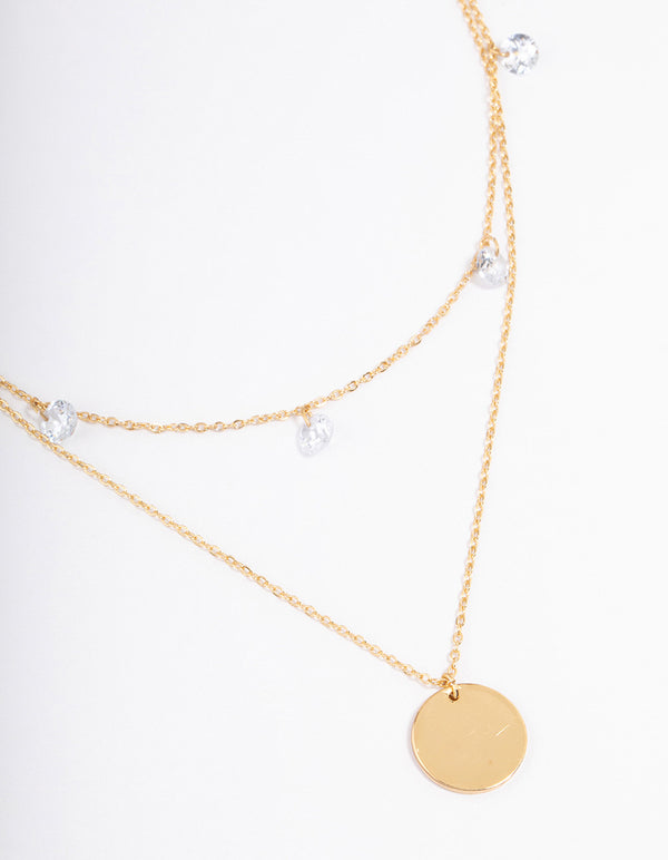 Gold Plated Stainless Steel Cubic Zirconia Droplet & Disc Necklace