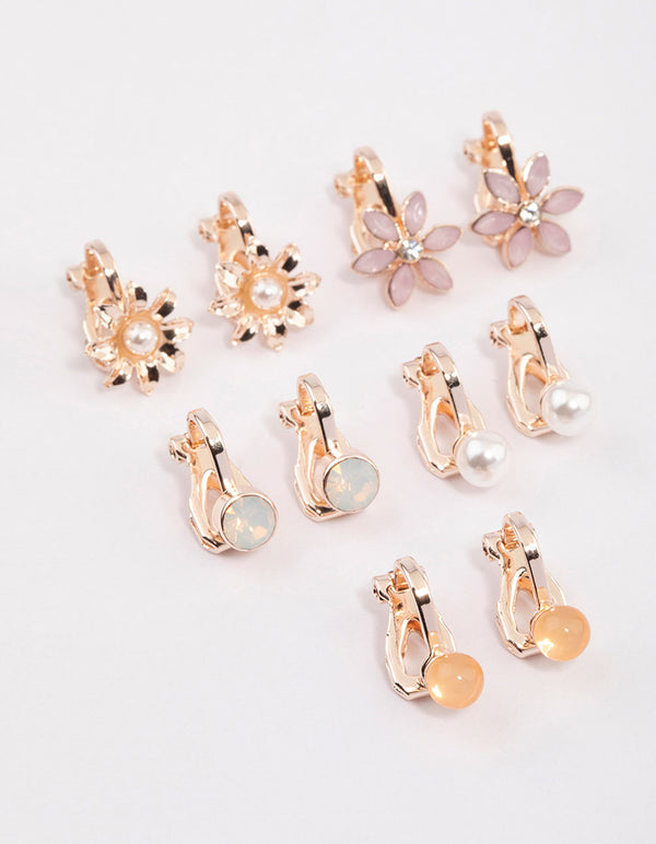 Rose Gold Pretty Garden Clip On Earrings 5-Pack