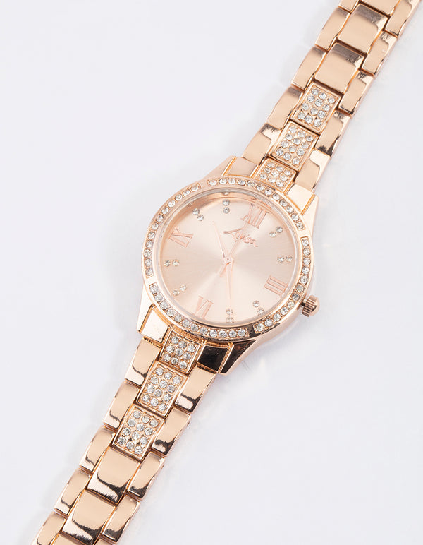 Rose Gold Diamante Detailed Link Watch