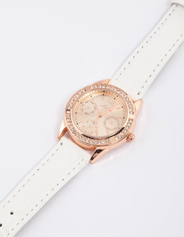 Rose Gold Diamante Dial Faux Leather Watch