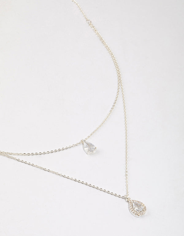 Silver Double Pear Layered Necklace