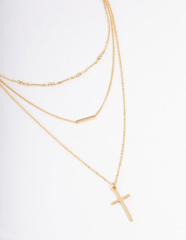 Gold Plated Layer Bar & Cross Layered Necklace