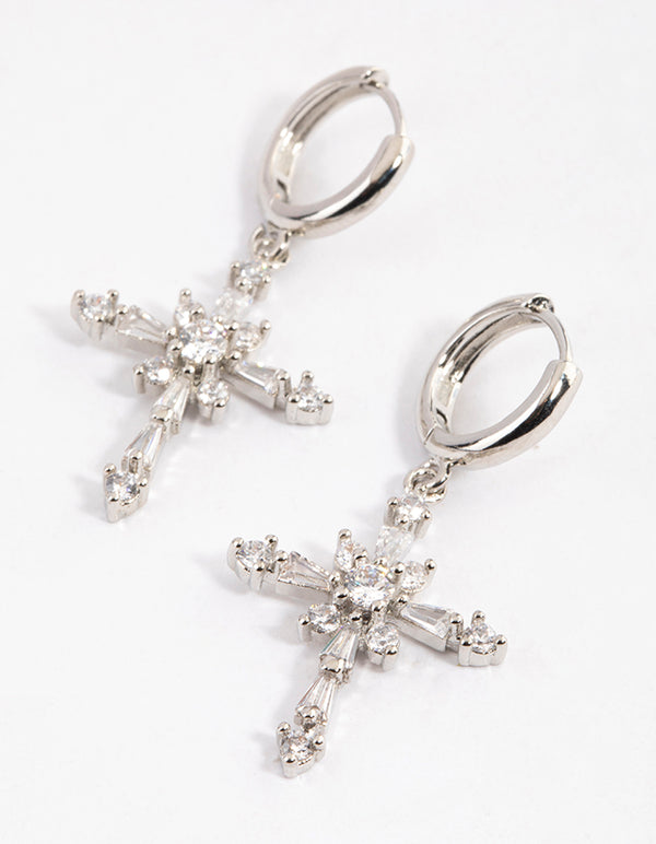 Silver Cubic Zirconia Decorated Cross Drop Earrings