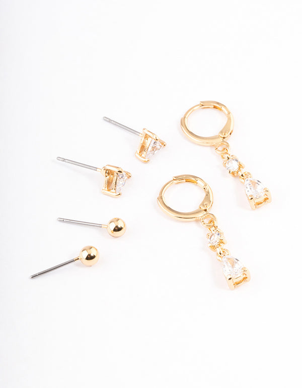 Gold Plated Brass Cubic Zirconia Triangle & Drop Earrings Pack