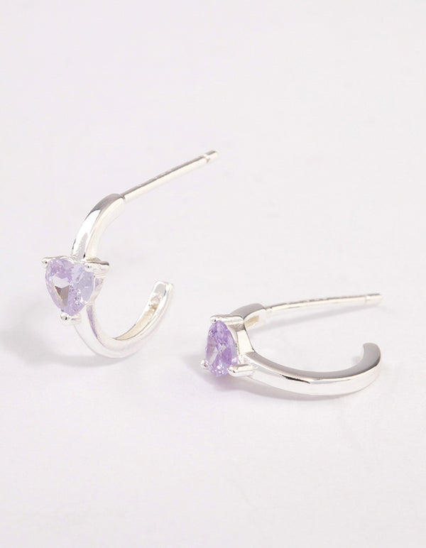 Sterling Silver Amethyst Heart Hoop Earrings