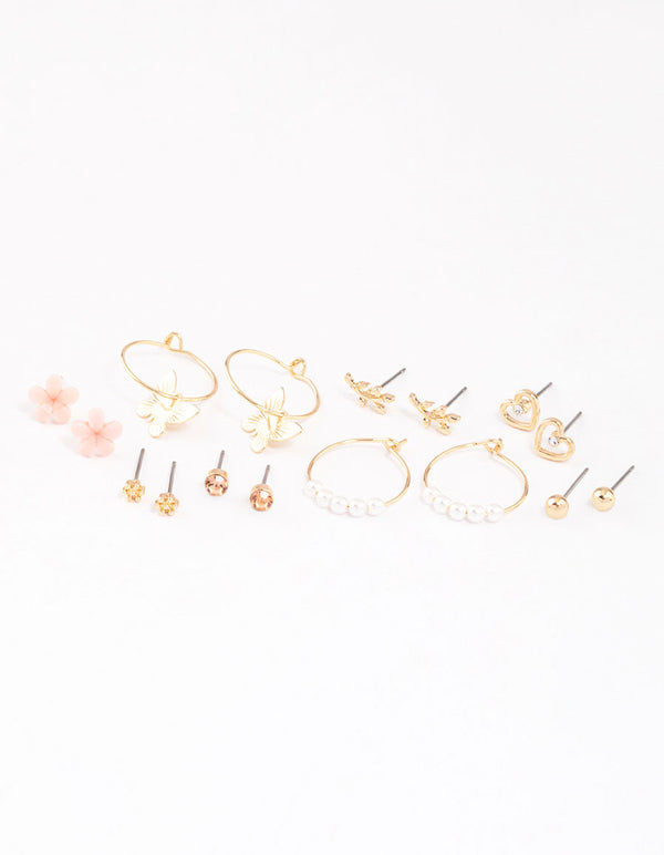 Gold Pearl Butterfly & Flower Earrings 8-Pack