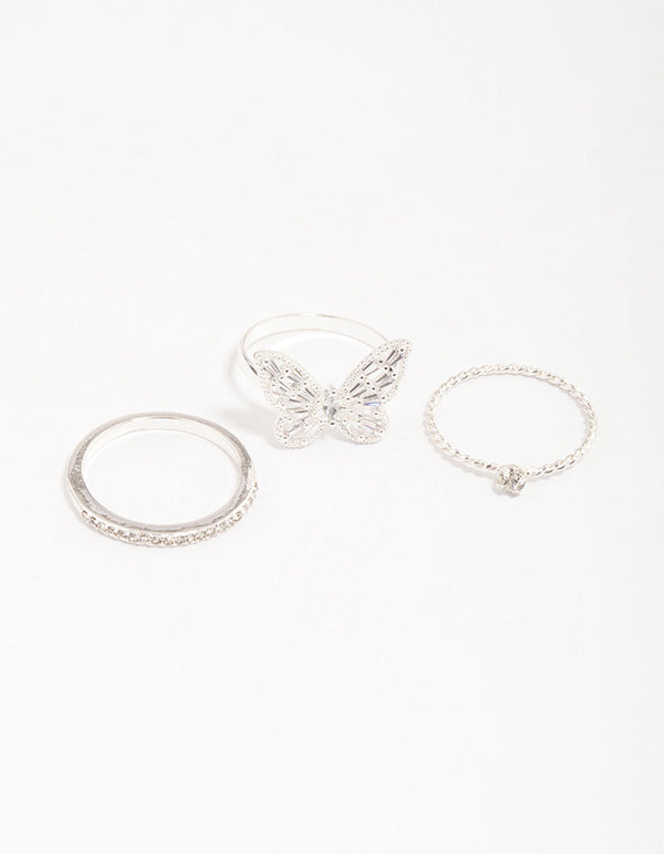 Silver Plated Cubic Zirconia Butterfly Ring Pack