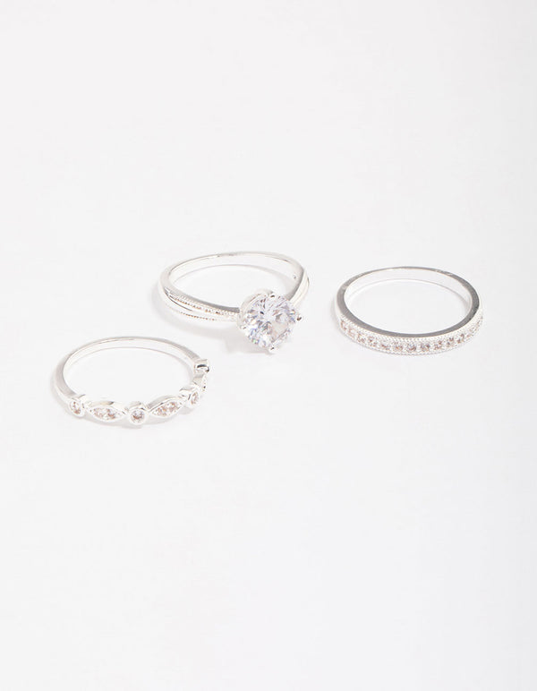 Silver Plated Cubic Zirconia Round Stone Ring Pack