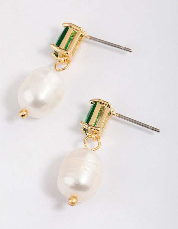 Gold Plated Cubic Zirconia Baguette Freshwater Pearl Drop Earrings