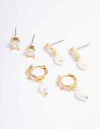 Gold Plated Cubic Zirconia Baguette Freshwater Pearl Earrings Pack - link has visual effect only