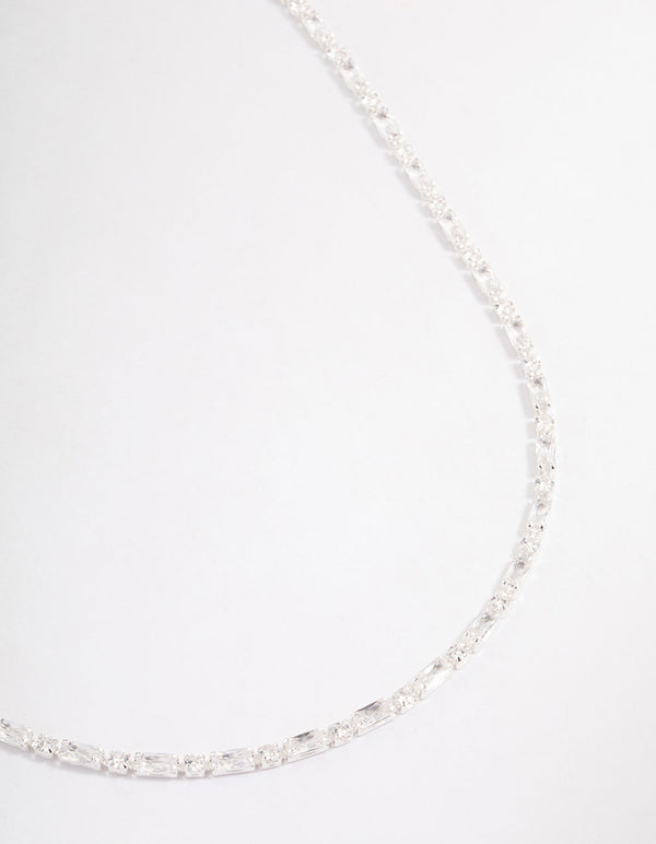 Silver Plated Cubic Zirconia Round & Baguette Tennis Necklace