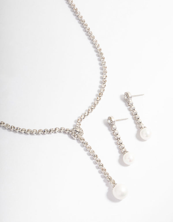 Silver Round Cup Chain Pearl Earring & Necklace Jewellery Set