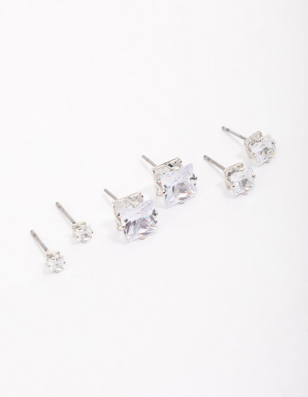 Silver Cubic Zirconia Square Graduated Earrings Pack