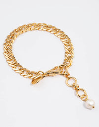 Gold Plated Classic Flat Chain Freshwater Pearl Bracelet - link has visual effect only