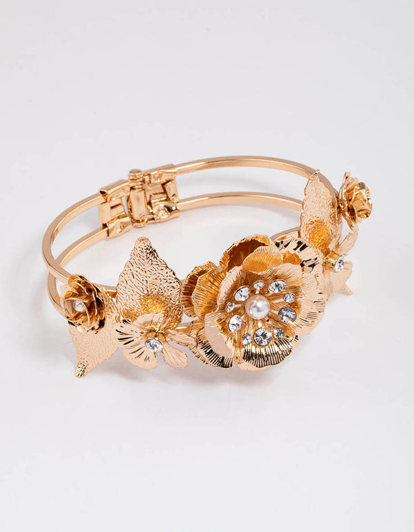 Gold Statement Diamante Flower Bangle