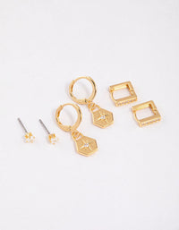 Gold Plated Brass Cubic Zirconia Hexagon & Square Earrings 6-Pack - link has visual effect only