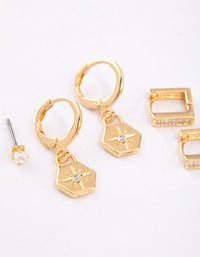 Gold Plated Brass Cubic Zirconia Hexagon & Square Earrings 6-Pack - link has visual effect only