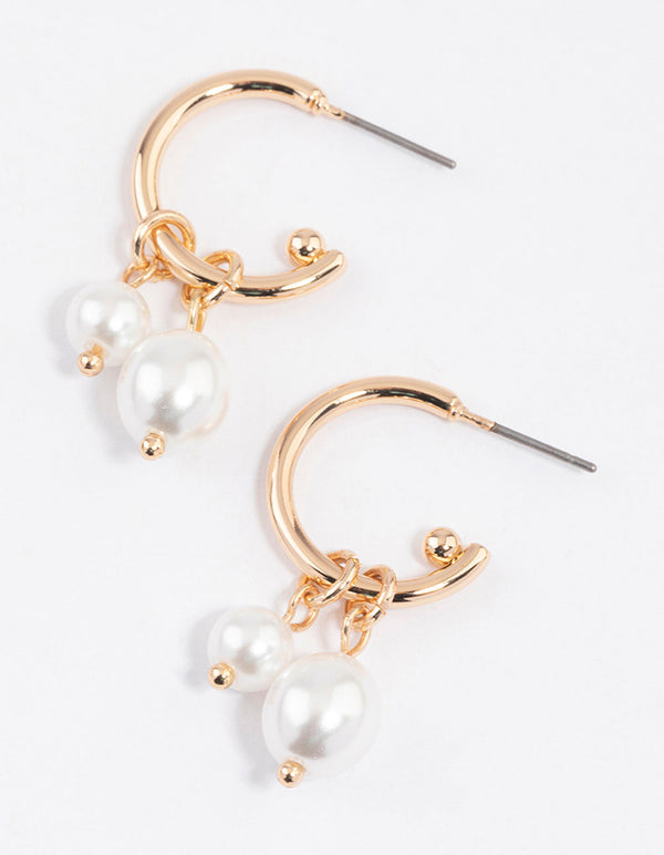 Gold Double Pearl Drop Hoop Earrings & Polishing Set