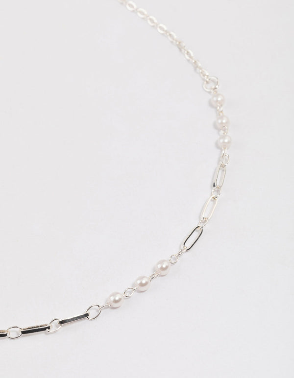 Silver Pearl & Rectangle Link Chain Necklace & Polishing Set