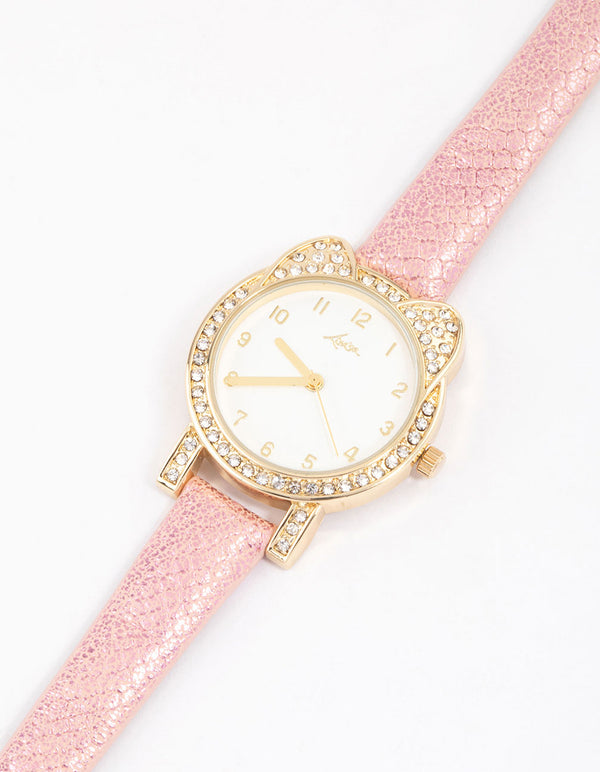 Kids Diamante & Glitter Cat Faux Leather Watch