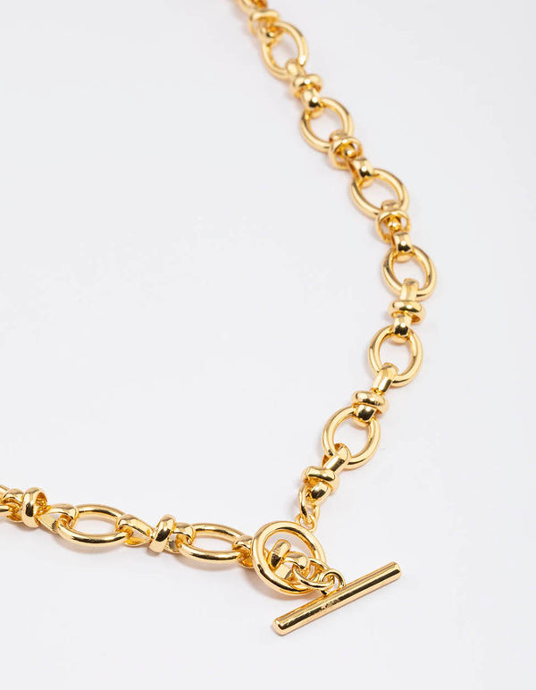 Gold Plated Oval Detailed Chain FOB Necklace