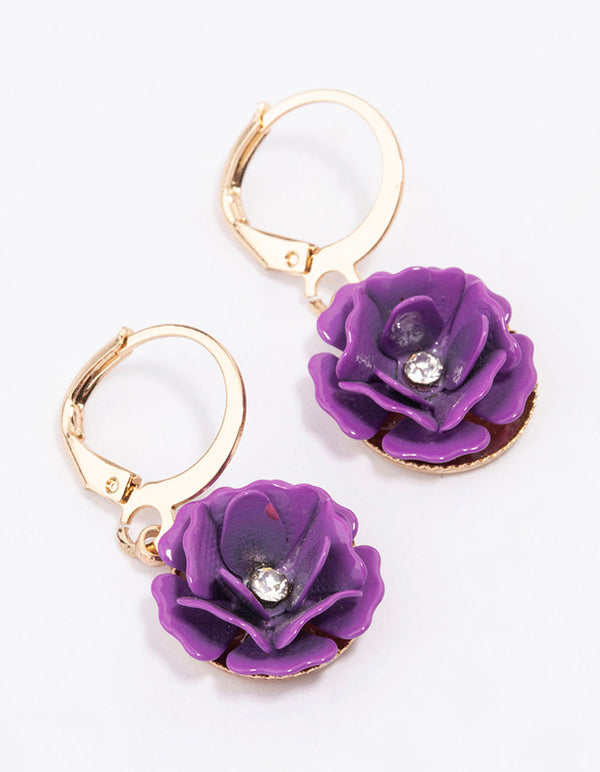 Purple Acrylic Rose Huggie Earrings