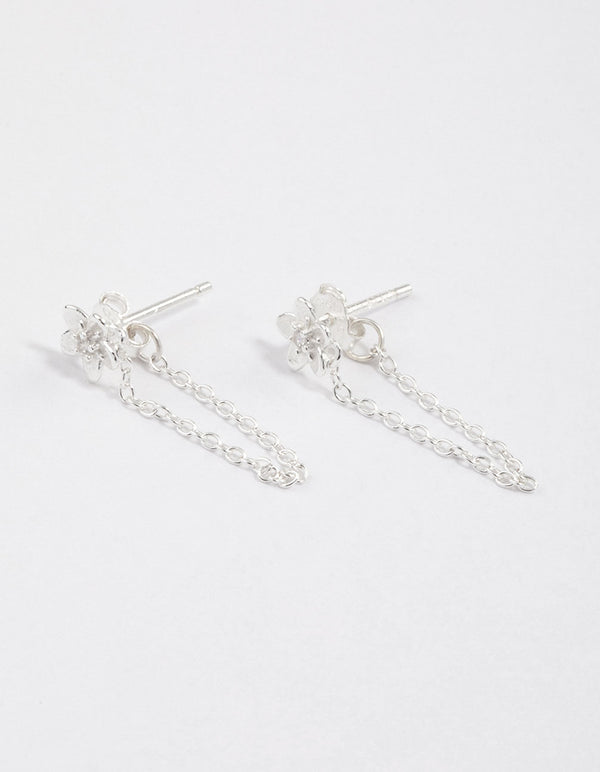 Sterling Silver Flower Stud Chain Earrings