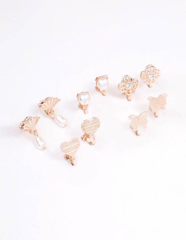 Rose Gold Mixed Fan & Pearl Drop Earrings 5-Pack