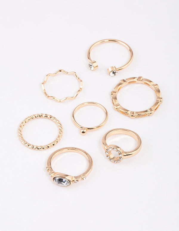 Gold Round Open Diamante Ring 7-Pack