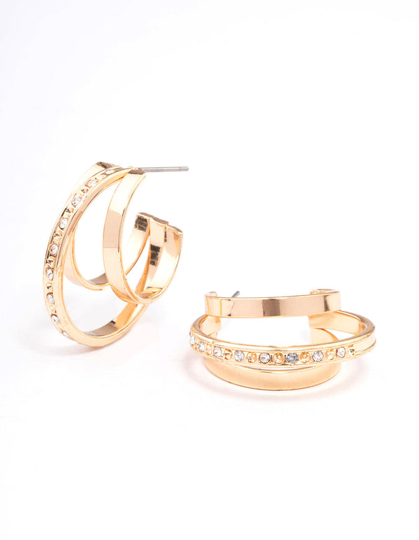 Gold Diamante & Plain Triple Hoop Earrings