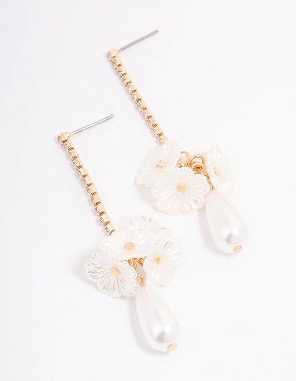 Gold Cupchain Flower Pearl Drop Earrings