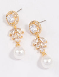 Gold Plated Round Leaf & Pearl Drop Earrings - link has visual effect only