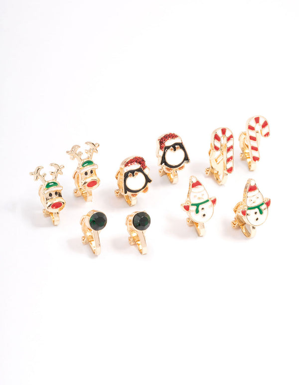 Kids Christmas Penguin Clip On Earrings 5-Pack