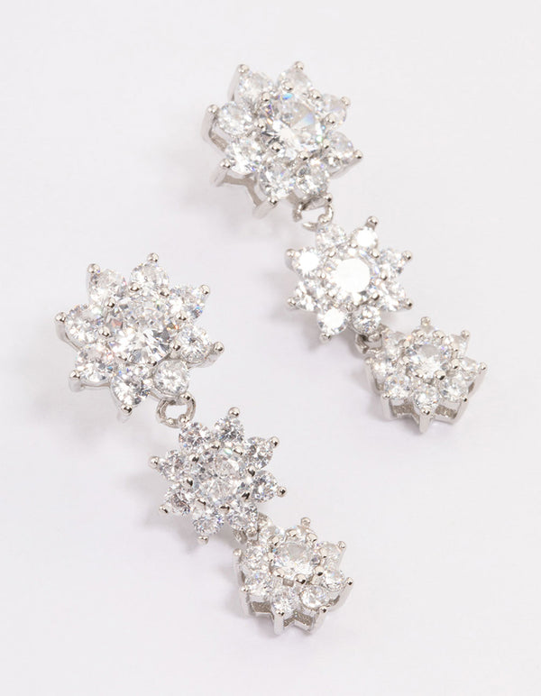 Silver Cubic Zirconia Drop Flower Earrings