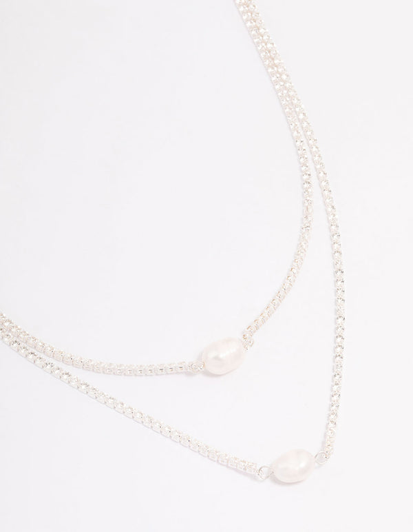 Silver Cubic Zirconia Multi-Row Pearl Necklace